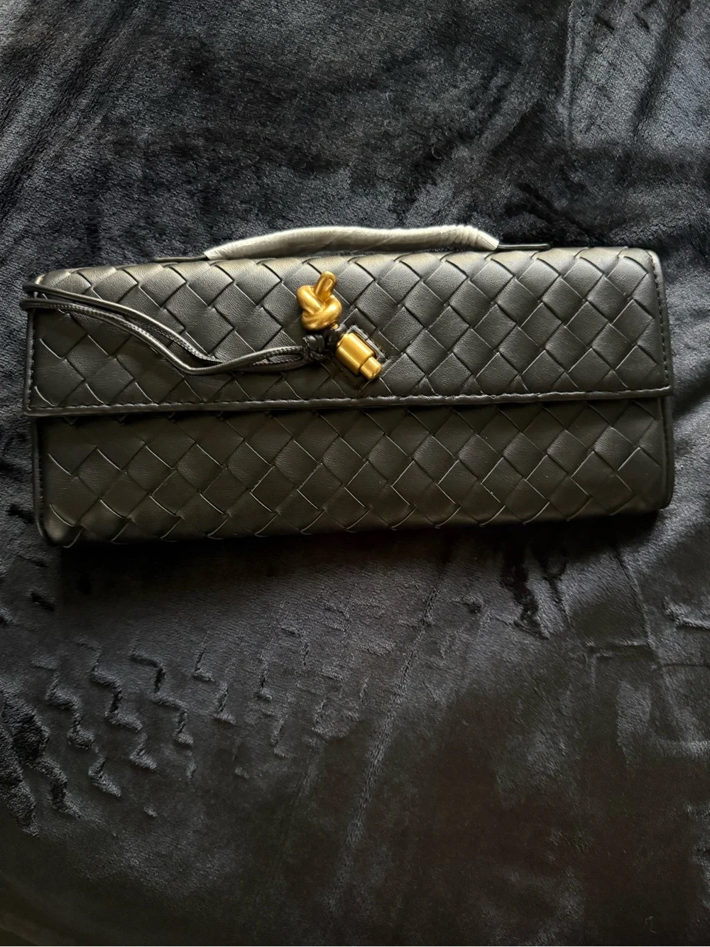 Commense Black Woven Flap Clutch Shoulder bag with Gold Knot Accent